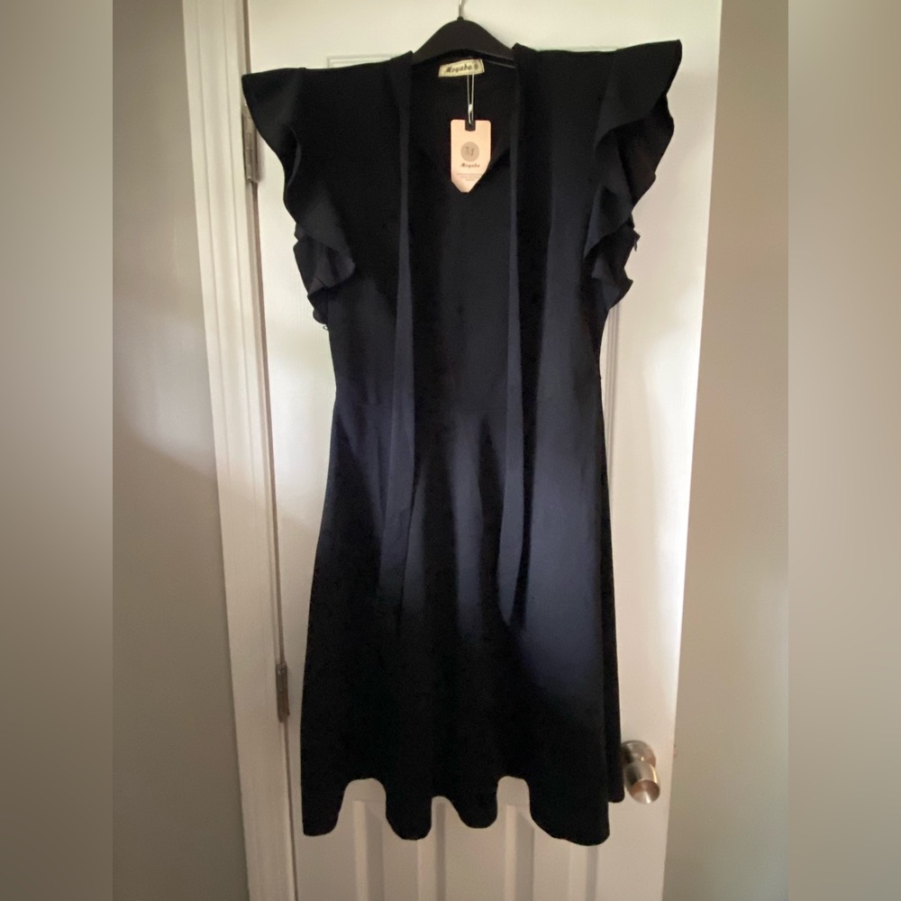 Women Ruffle Sleeveless Tie Neck Dress Black Medium
